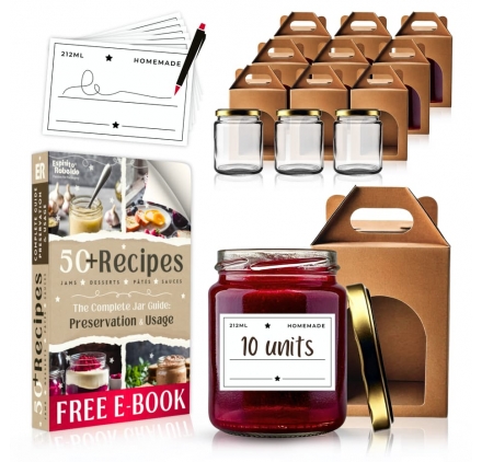 10 Glasbehälter 212ml + Boxen + Etiketten | GRATIS E-BOOK: 50+ Rezepte & Anleitung